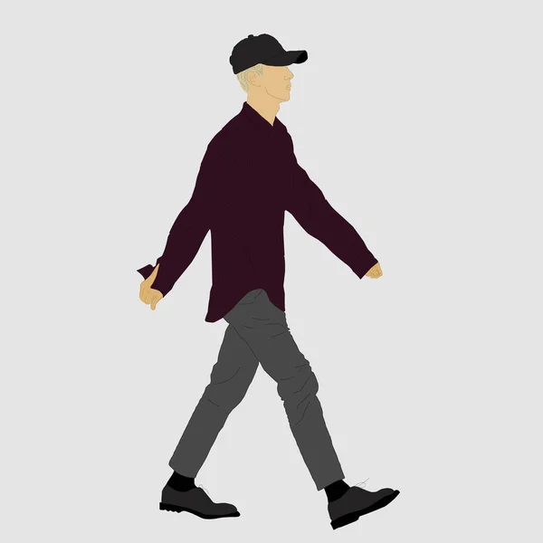 Vector illustration of Kpop street fashion. Street idols of Koreans. Fashion for male idols Kpop. A guy in a shirt and trousers with a cap.