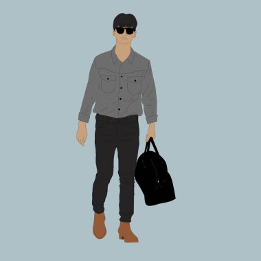  Kpop sokak modasının vektör illüstrasyonu. Korelilerin sokak idolleri. Erkek idoller için moda Kpop. Gri gömlekli, kot pantolonlu, siyah çantalı ve kahverengi ayakkabılı bir adam..