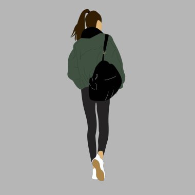 Kpop sokak modasının vektör illüstrasyonu. Korelilerin sokak idolleri. Kadın modası K-pop 'unun idolü. Yeşil ceketli, siyah taytlı ve beyaz spor ayakkabılı bir kız..