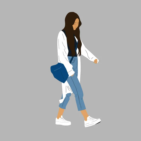 Kpop大街时尚的矢量图解 韩国人的街头偶像Kpop女时尚偶像一个穿蓝色牛仔裤和白色羊毛衫的女孩 穿着蓝色的包和白色的运动鞋 图库矢量图片