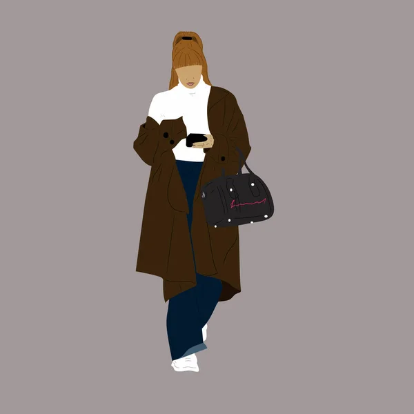 Kpopストリートファッションのベクトルイラスト 韓国人のストリートアイドル ポップメンズファッションアイドル 茶色のコートにジーンズと黒のバッグを着た女の子 — ストックベクタ