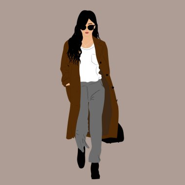 Kpop sokak modasının vektör illüstrasyonu. Korelilerin sokak idolleri. Kpop kadın moda idolü. Gri pantolonlu, kahverengi ceketli ve siyah ayakkabılı beyaz tişörtlü bir kız..