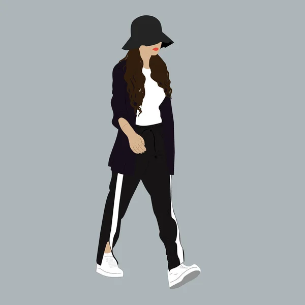 Kpop大街时尚的矢量图解 韩国人的街头偶像Kpop男人的时尚偶像一个戴黑帽子 穿黑裤子 穿白运动鞋的女孩 — 图库矢量图片