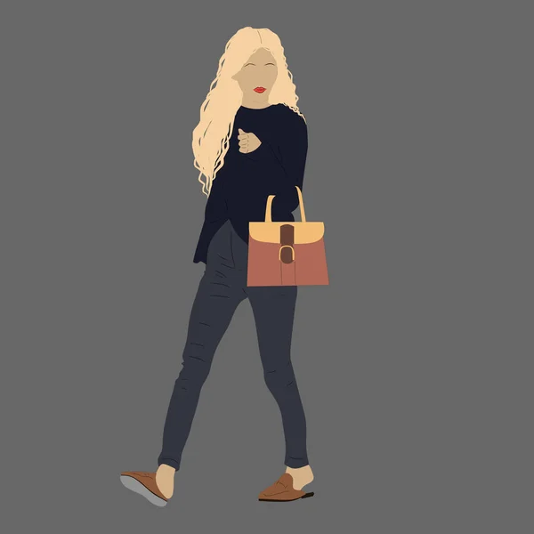 Kpop大街时尚的矢量图解 韩国人的街头偶像Kpop女时尚偶像一个金发碧眼 穿着黑裤子 提着棕色包的女孩 免版税图库插图