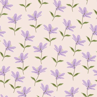 Decorative trendy vector seamless floral ditsy pattern design. Modern elegant repeating blooming texture of purple flowers and leaves background 