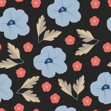 Decorative ornamental trendy floral seamless pattern design of flowers and leaves for textile and printing. Modern ditsy repeating texture background