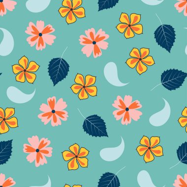 Modern fashionable floral seamless ditsy pattern design of abstract flowers, leaves and paisleys. Elegant repeating texture background for textile
