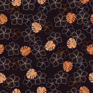 Modern fashionable vector ditsy floral seamless pattern design of abstract flower outlines and monster leaves. Elegant repeating texture background