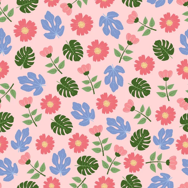 Modern Fashionable Vector Ditsy Floral Seamless Pattern Design Flowers Leaves — Stok Vektör