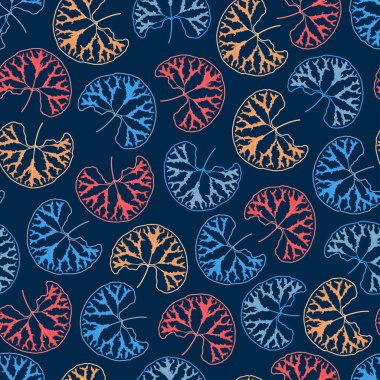 Elegant trendy floral seamless pattern design of Aristolochia chilensis leaf outlines for textile and printing. Repeat texture with blue background