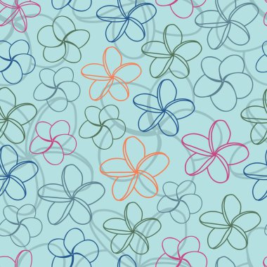 Elegant trendy vector floral seamless pattern design of frangipani flower outlines for textile and printing. Modern repeat texture with sky background