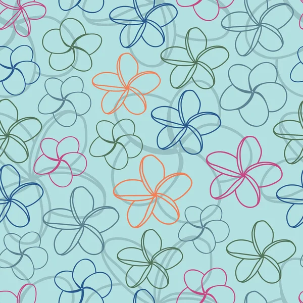 Elegant trendy vector floral seamless pattern design of frangipani flower outlines for textile and printing. Modern repeat texture with sky background