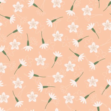 Modern fashionable vector seamless floral ditsy pattern design of abstract flowers. Elegant repeat texture with pink background for print and textile