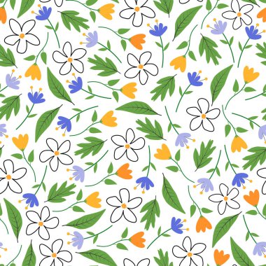 Artistic trendy abstract flowers and leaves. Floral seamless pattern design surface printing. Ditsy repeat textured background