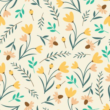 Modern artistic seamless floral ditsy pattern design. Repeat blooming abstract flowers and leaves. Texture background for textile