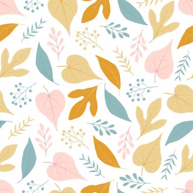 Elegant ditsy floral seamless pattern design of autumn color leaves. Trendy repeat texture foliate background for surface printing