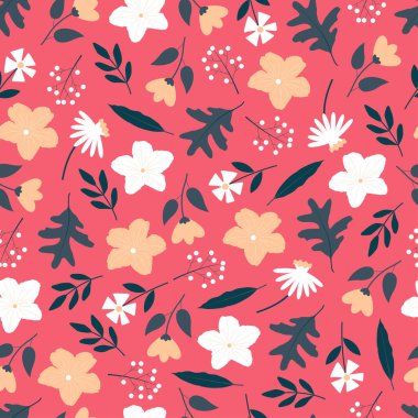 Soyut renkli çiçek ve yaprakların sanatsal süslemesiz desenli tasarımı. Tekrarlayan doku arkaplanını biçimlendir