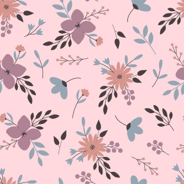 Artistik çiçek buketinin süslemeli, pürüzsüz desenli tasarımı. Tekstil ve yüzey yazdırma için doku arkaplanını tekrarla