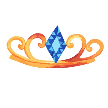 Monarşinin altın tacının suluboya çizimi, pas lekeli hanedan, mavi taşlar, kıvrımlar. Vektör