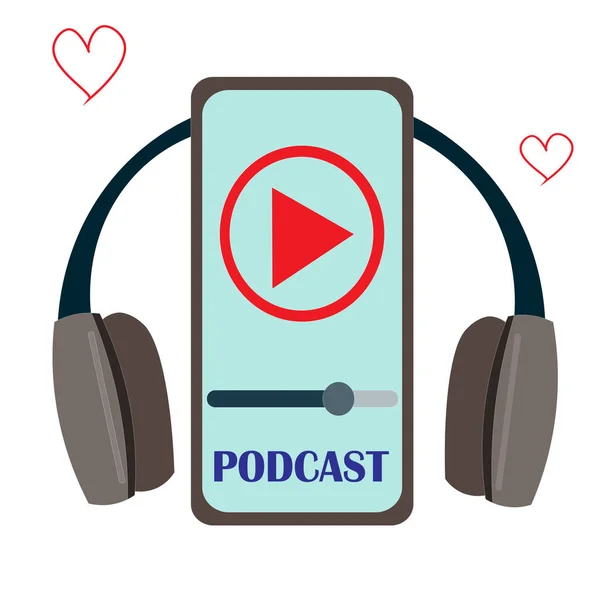 Téléphone Lit Podcast Dans Les Écouteurs Bouton Play Logo Badge — Image vectorielle