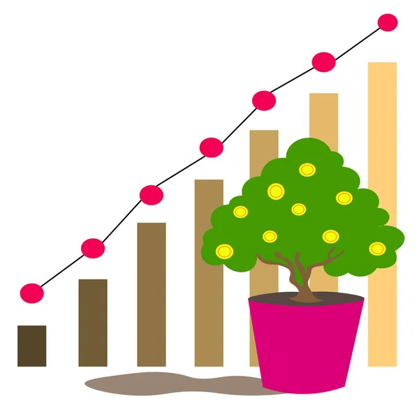 Árbol Maceta Con Monedas Oro Dinero Fondo Una Tabla Crecimiento — Vector de stock