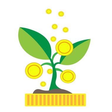 Altın sikkeden taze filizler ve üzerine altın sikke yağmuru damlıyor. Bozuk para şelalesi, kopek. Gelir artışı, gelir, kar, sermaye kavramı. Vektör üst illüstrasyonu