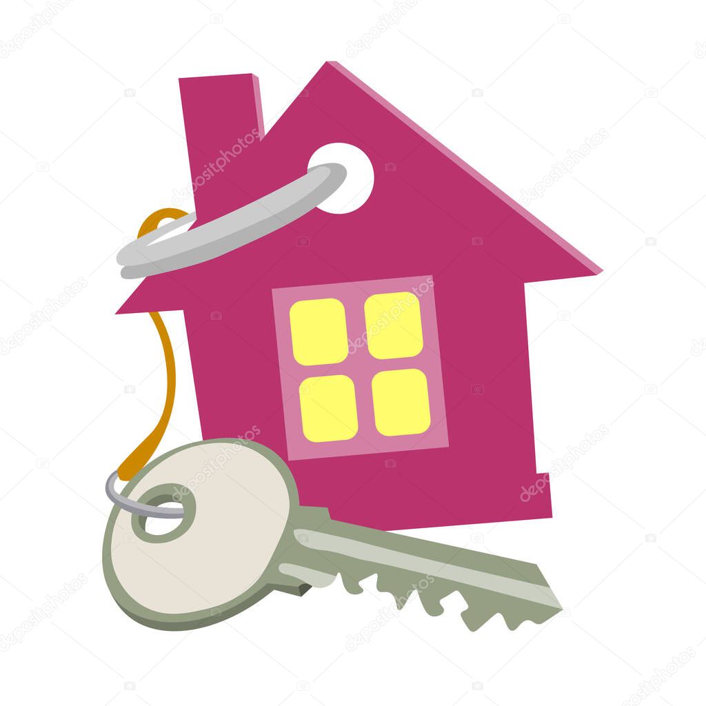 Grey metal key on string with keychain, icon in the shape of pink house. concept of buying and selling real estate. House keys with the house label on the ring. The vector is top.