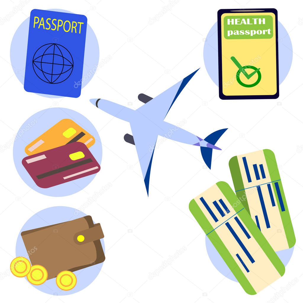 Items needed to travel during the pandemic. set of icons with an airplane in the center for the COVID-19 coronavirus outbreak. Travel with mandatory health passport certificate.  Flat vector