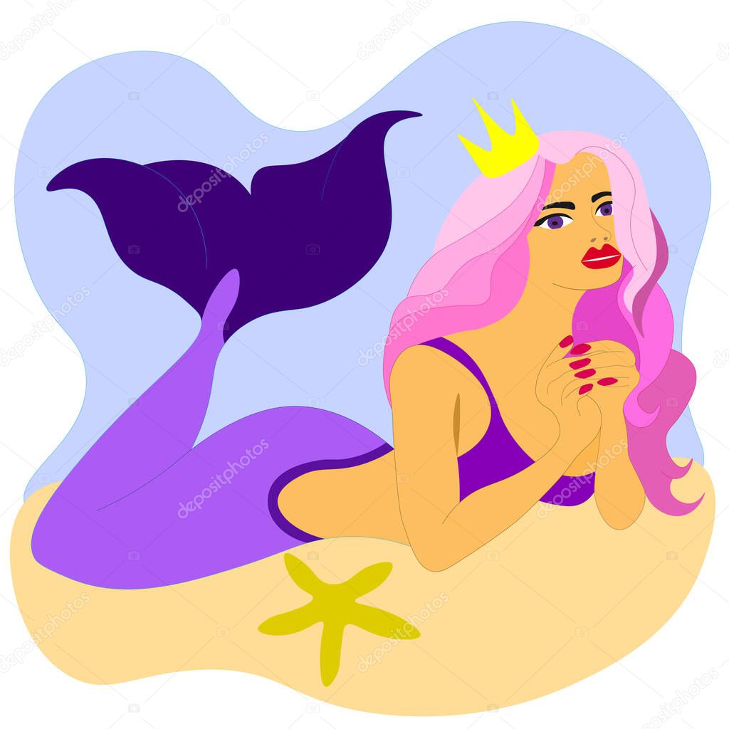 cute mermaid is lying on sand (on seabed) with pink hair and golden crown, lies starfish. mermaid with pink hair and purple tail. magical creature. Illustrations for postcards, booklets