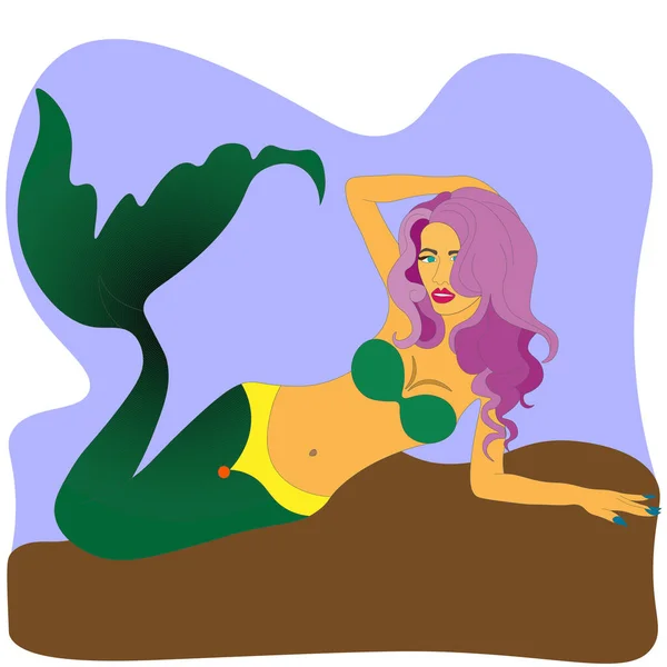 Mermaid Girl Purple Hair Lies Sand Bottom Ocean Cute Sexy — Stock Vector