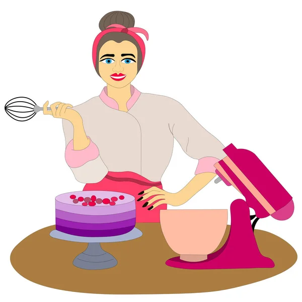 Ζαχαροπλάστης Κορίτσι Αρτοποιός Κρατά Σύρμα Στα Χέρια Της Μαγειρεμένο Κέικ — Διανυσματικό Αρχείο