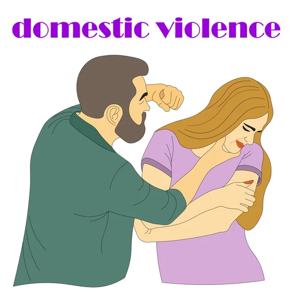 Man Beats His Frightened Wife Concept Woman Afraid Domestic Violence — Stock Vector