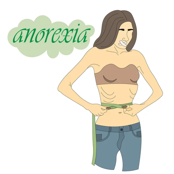 Jeune Femme Souffrant Anorexie Fille Avec Anorexie Mentale Mesure Taille — Image vectorielle