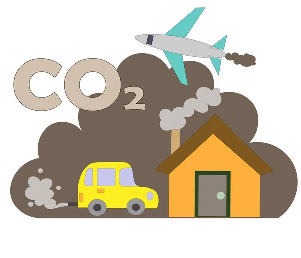 Emisiones Dióxido Carbono Escena Emisión Co2 Ciudad Por Avión Coche — Vector de stock