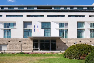 Berlin, Germany, August 10, 2022, flagged entrance area of the French Embassy at Pariser Platz.