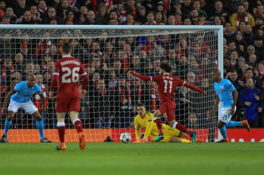 4 Nisan 2018, Anfield, Liverpool, İngiltere; Şampiyonlar Ligi çeyrek final, ilk ayak, Liverpool - Manchester City; Liverpool 'dan Muhammed Salah 1-0' lık açılış golünü attı