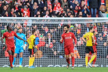 14 Aralık 2019, Anfield, Liverpool, İngiltere; Premier League, Liverpool v Watford: Liverpool 'lu Mohamed Salah (11) 1 gol atma hedefini kutluyor-