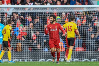 14 Aralık 2019, Anfield, Liverpool, İngiltere; Premier League, Liverpool v Watford: Liverpool 'lu Mohamed Salah (11) 1 gol atma hedefini kutluyor-