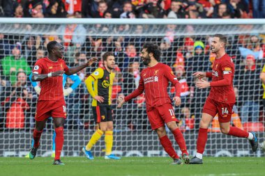 14 Aralık 2019, Anfield, Liverpool, İngiltere; Premier League, Liverpool v Watford: Liverpool 'lu Mohamed Salah (11) 1 gol atma hedefini kutluyor-