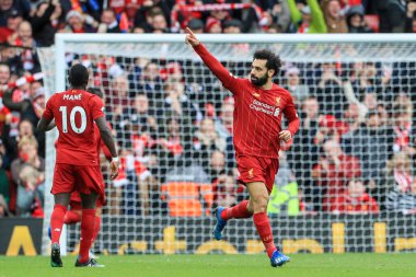 7 Mart 2020, Anfield, Liverpool, İngiltere; Premier League, Liverpool - Bournemouth: Mohamed Salah (11) Liverpool 'lu Mohamed Salah (11), 1-1 kazanma hedefini kutluyor.