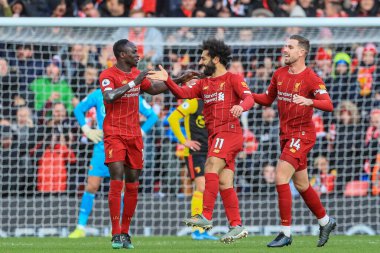 14 Aralık 2019, Anfield, Liverpool, İngiltere; Premier League, Liverpool v Watford: Liverpool 'lu Mohamed Salah (11) 1 gol atma hedefini kutluyor-
