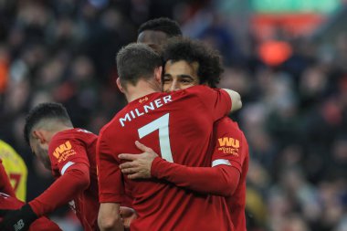 14 Aralık 2019, Anfield, Liverpool, İngiltere; Premier League, Liverpool v Watford: Liverpool 'lu Mohamed Salah (11) 2 gol atma hedefini kutluyor-