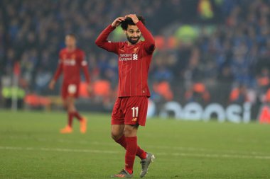 5 Kasım 2019, Anfield, Liverpool, İngiltere; UEFA Şampiyonlar Ligi, Liverpool v KRC Genk: Liverpool 'dan Muhammed Salah (11) Goa' da kaçırılan bir şans sonrasında tepki gösterdi