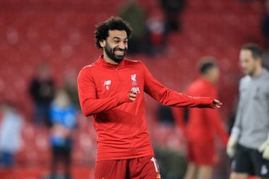 27 Kasım 2019, Anfield, Liverpool, İngiltere; UEFA Şampiyonlar Ligi, Liverpool v Napoli: Liverpool 'dan Muhammed Salah (11) ısınıyor