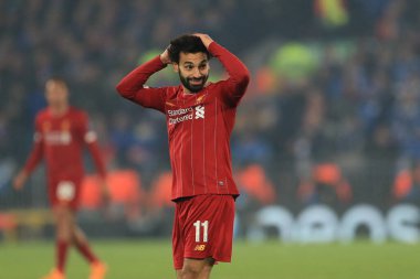 5 Kasım 2019, Anfield, Liverpool, İngiltere; UEFA Şampiyonlar Ligi, Liverpool v KRC Genk: Liverpool 'dan Muhammed Salah (11) Goa' da kaçırılan bir şans sonrasında tepki gösterdi