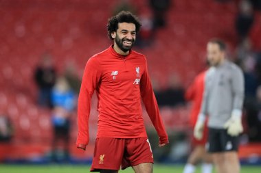 27 Kasım 2019, Anfield, Liverpool, İngiltere; UEFA Şampiyonlar Ligi, Liverpool v Napoli: Liverpool 'dan Muhammed Salah (11) ısınıyor
