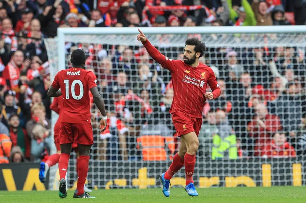 7 Mart 2020, Anfield, Liverpool, İngiltere; Premier League, Liverpool - Bournemouth: Mohamed Salah (11) Liverpool 'lu Mohamed Salah (11), 1-1 kazanma hedefini kutluyor.