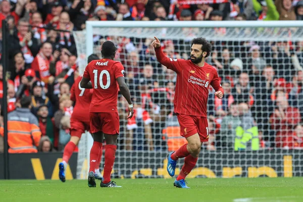7 Mart 2020, Anfield, Liverpool, İngiltere; Premier League, Liverpool - Bournemouth: Mohamed Salah (11) Liverpool 'lu Mohamed Salah (11), 1-1 kazanma hedefini kutluyor.