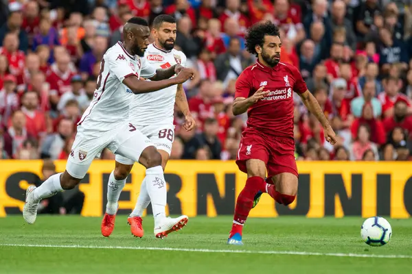Liverpool Mohamed Salah Ação Durante Jogo Hoje — Fotografia de Stock