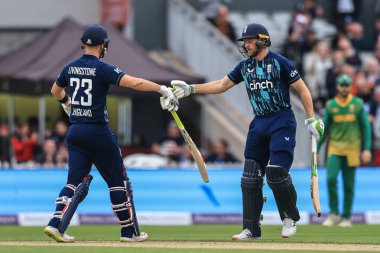 İngiltere 'den Liam Livingstone, İngiltere' den Jos Buttler 'ı sınırdan geçtikten sonra tebrik ediyor.